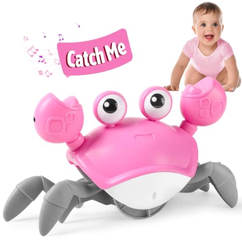 Crawling Crab Baby Girl Toy: Tummy Time Toys for Infant 3 6 9 12 18 24 36 Months, Pink Walking Dancing Sensing Crab for Toddler Age 1 2 3 4, 1st Music Birthday Gifts for Girls