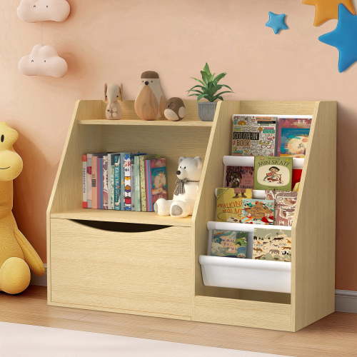 Masiis 3 Tier Kids Bookshelf, Kids Bookcase Toy Storage Cabinet Natural Children Bookshelves with 4 Layer Sling Bookcase for Playroom Kids Room Nursery, Flip-Top Drawers
