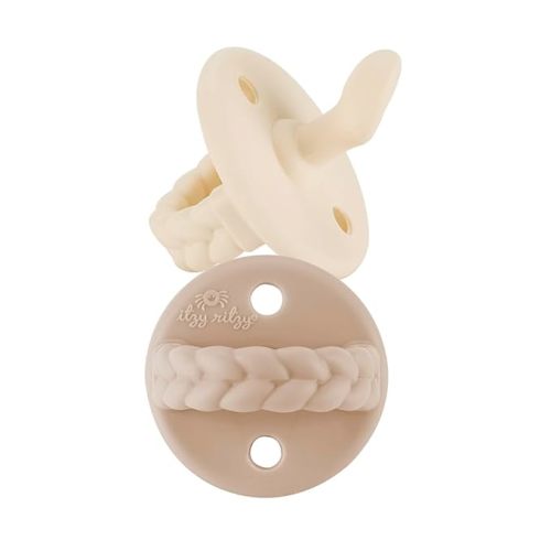 Itzy Ritzy Silicone Orthodontic Pacifiers - Itzy Soother with Collapsible Handle & Two Air Holes for Added Safety, Baby Pacifier For Ages 6 - 18 Months (Buttercream & Toast)