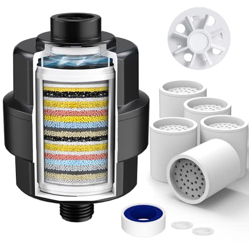 20-Stage Shower Filter-Shower Head Filter for Hard Water, with 5 Replaceable Cartridges, High Output Shower Water Filter for Removing Chlorine and fluoride, Black