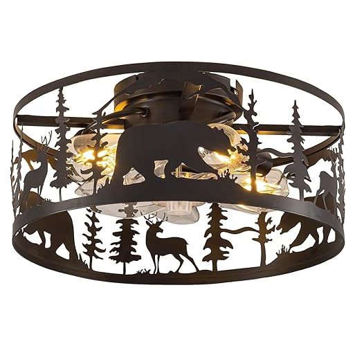 Farmhouse Caged Ceiling Fans with Lights and Remote Control,Rustic Black Chandelier Fan with Bear Deer Design,Flush Mount Low Profile Fandelier for Bedroom,Dining Living Room,Foyer