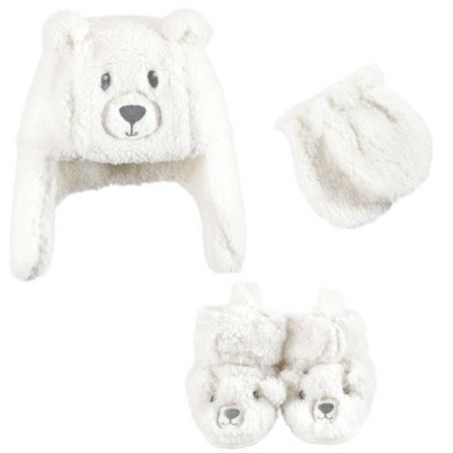 Hudson Baby Trapper Hat, Mitten and Bootie Set, Cream Bear, 0-6 Months