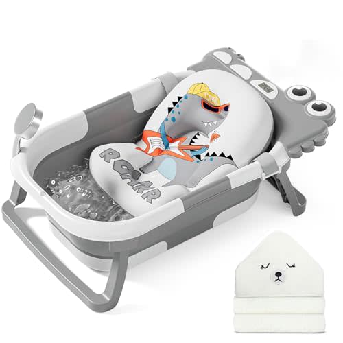 MoreFeel Collapsible Baby Bathtub for Newborn with Thermometer & 1 Hooded Towel & 1 Soft Floating Cushion,Portable Travel Bathtub with Drain Hole, Durable Foldable Baby Tubs for Infants to Toddler