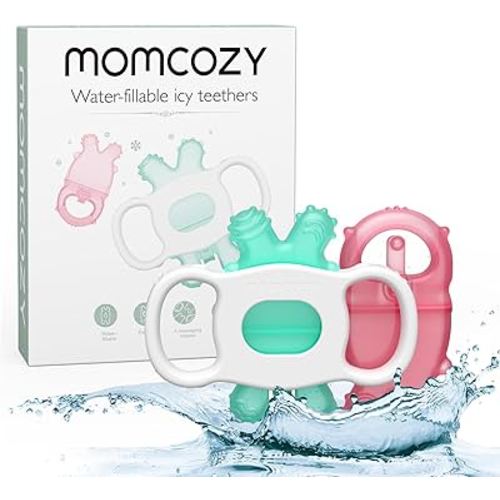 Momcozy Baby Teether Toys, Water Fillable Teether Silicone Cold Teether, Baby Teething Toys Chill Teether, Baby Water Teether for Teething Relief 0-12 Months, Green and Pink 2 Pcs