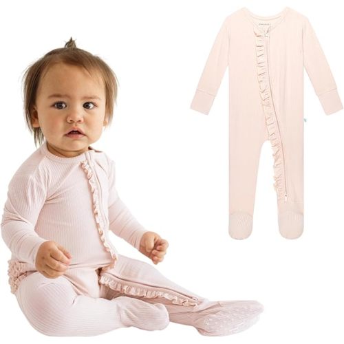 Posh Peanut Footie Pajamas for Baby Girls – Sleepers in Ultra-Soft Viscose from Bamboo with 2-Way Zipper & Ruffle Trim