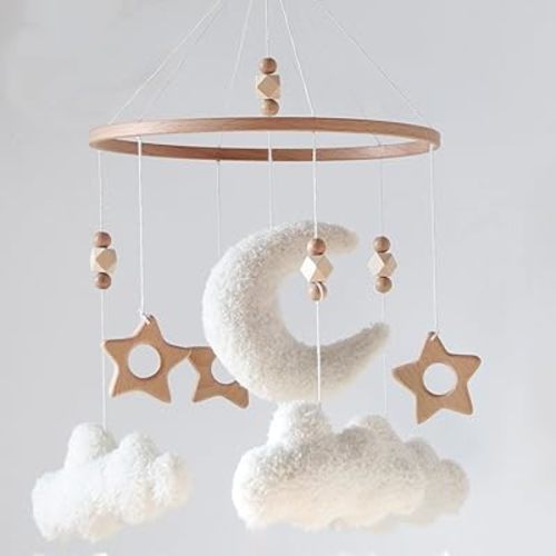 Cloud Moon Crib Mobile Cloud Baby Mobile for Crib Neutral Boho Clouds and Wooden Stars Moon Mobile Boucle Mobile