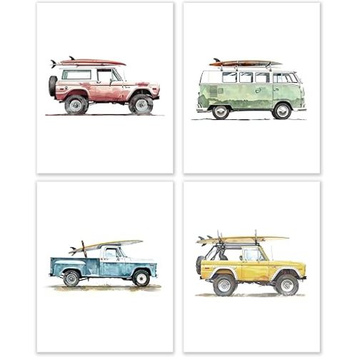 BESERH Coastal Beach Surfing Vehicle Wall Art Set of 4 - Summer Beachy Surf Room Decor Aesthetic, Coastal Nautical Wall Art Decor, 8x10 Inches Unframed