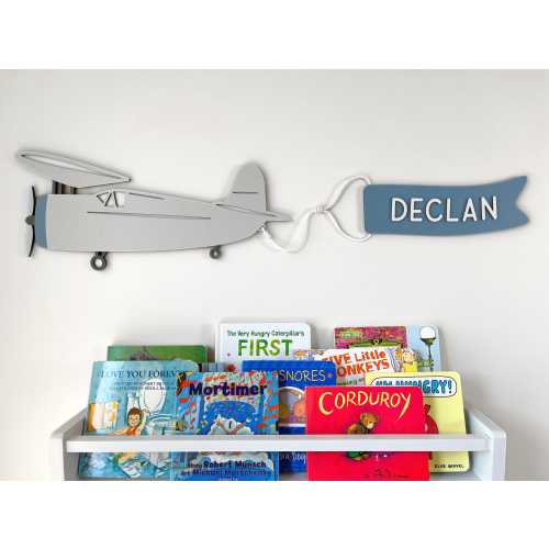 Personalized Airplane Name Sign Custom Vintage Plane Nursery Decor Biplane Wall Art Vehicle Theme Boy Room Decoration Transportation Blue
