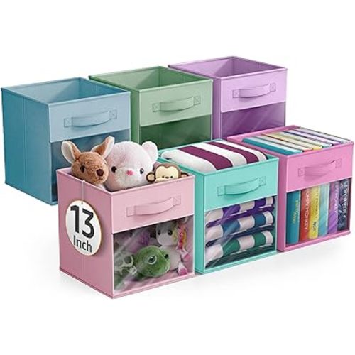 Sorbus 13 Inch Storage Bins with Clear Window - 6 Foldable Baskets for Organizing Clothes, Toys, Books - Sturdy Collapsible Fabric Storage Cubes with Handle - Storage Baskets for Shelves, Closets