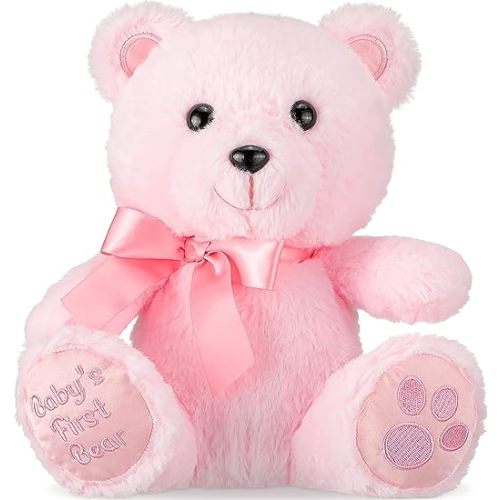 10 Inch Bear Stuffed Animal First Bear Baby Shower Bear Plush Toy for Wedding Birthday Christmas Party Favor Gift (Pink)