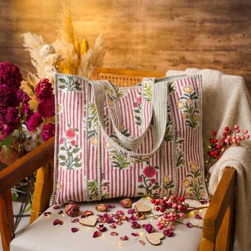 Quilted Tote Bag, Cotton Shopping Bag, Travel Accessories, Gifts For Her, Floral Handbag, Bags and Accessories Gifts~ Crimson Jardin