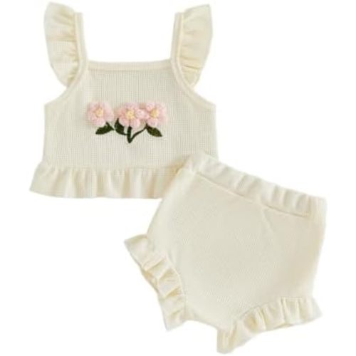 Baby Girl Clothes Infant Summer Toddler Outfits Ruffle Sleeveless Floral Embroidery Tank Top Shorts 2Pcs Waffle Sets