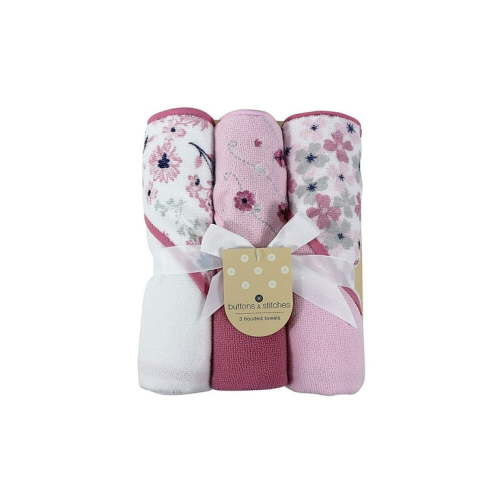 Cudlie Buttons & Stitches Baby Girl 3 Pack Rolled/Carded Hooded Towels in Crisp Blossom Print