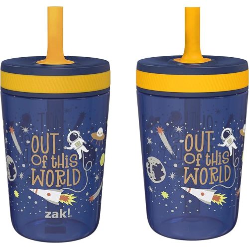 Zak Designs Kelso 15 oz Tumbler Set, (Space) Non-BPA Leak-Proof Screw-On Lid with Straw Made of Durable Plastic and Silicone, Perfect Baby Cup Bundle for Kids (2pc Set)