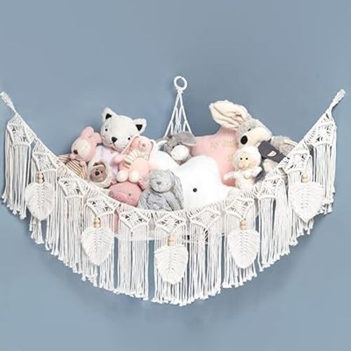 Macrame Stuffed Animal Hammock Net for Stuffed Animals Corner Large Boho Teddy Bear Hammock with Boho Tassels, Plushie Storage for Kids Stuffy Hammock Nursery Bedroom Wall Decor(White)
