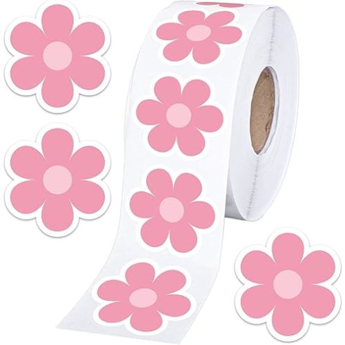 Whaline 1000Pcs Boho Daisy Stickers Pink Preppy Daisy Shaped Roll Stickers Hippie Groovy Flower Patterns Self-Adhesive Decals Retro Style Sealing Labels for Gifts Scrapbook Party Decor Accessories