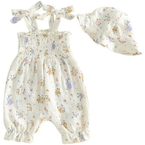 Mubineo Baby Girl Summer Clothes Cute Cotton Linen Romper Jumpsuit Sleeveless Smocked Rompers Sun Hat Comfy Boho Outfits