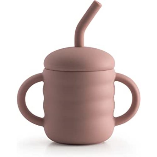 Cute 2-1 Silicone Straw Sippy Cup with Stopper - 5.4 OZ Spill-proof Sippy Cups for Baby 6+ Months w/ Dbl Handles, Grooved Body & Angled Straw for Fun & Safe Drinking - Includes Cleaning Brush - Pink