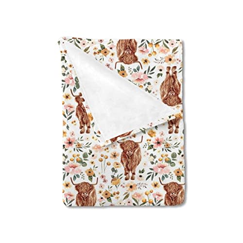 HawSkgFub Boho Highland Cow Floral Baby Blanket Girl Shower Gift, Pink Western Animal Yak Flower Flannel Fleece Nursery Bed Receiving Swaddle, Soft Newborn Infant Toddler Cowgirl Crib Bedding 30 x 40