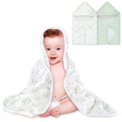 BabyAlly Baby Towels 2 Pack,Hooded Baby Towels Set,Baby Infant Bath Towels with Hood,Soft and Absorbent Nursery Towel,Large 28x28 Inch, Newborn Essential(Mint Green Leaves + Mint Green)