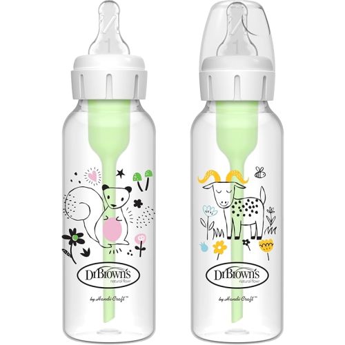 Dr. Brown's Natural Flow Anti-Colic Options+ Narrow Baby Bottle, Squirrel & Goat, 8 oz/250 mL, with Level 1 Slow Flow Nipple, BPA Free, 0m+, 2-Pack