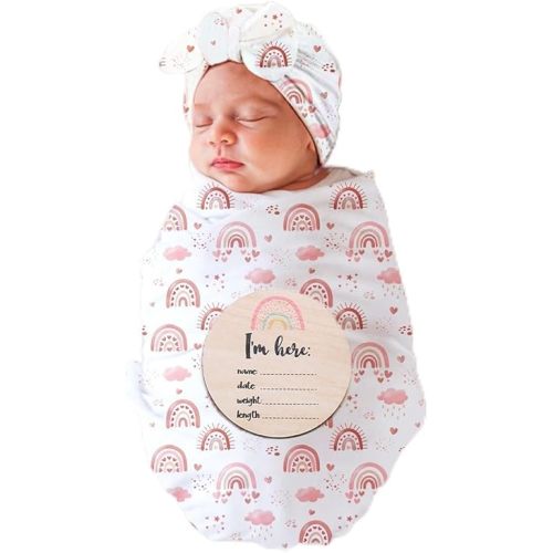 Ylsteed Baby Swaddle Blanket and Headband Set, Newborn Receiving Blanket Swaddle Wrap for Girls and Boys, Swaddling Blankets Neutral for Newborn,Soft and Skin-Friendly 32 * 32 inches (Rainbow)