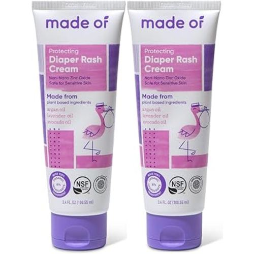 Organic Diaper Cream by MADE OF – NSF Organic Baby Diaper Cream with Avocado Oil and Argan Oil (Fragrance Free, 3.4oz) – Zinc Oxide Ointment and Butt Paste for Sensitive Skin (2-Pack)