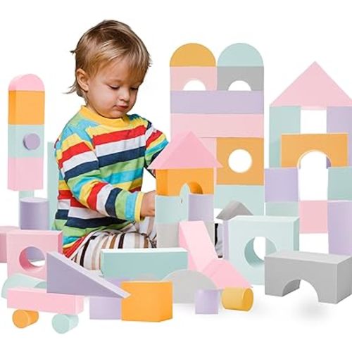 Set of 34 Jumbo Large Foam Blocks for Toddlers - Stacking Soft Blocks for Kids with Shapes & Colors Learning - Construction Building Preschool Toys - Giant Foam Bath Blocks for Toddlers 3-5 & above