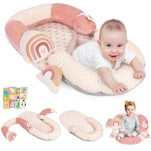 4 in 1 Tummy Time Mat & Seated Support Pillows, Play Mat, Sitting Support for Newborn 0-12 Months, Infant Baby Sit Me Up Floor Seat, Sensory Development Gifts Tummy Time Play Toys, Rainbow