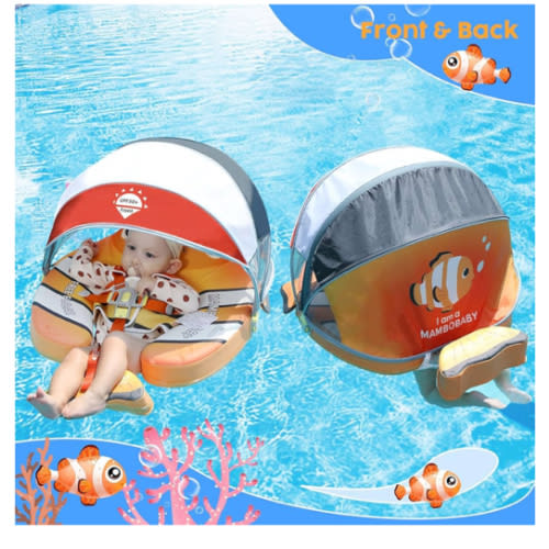 Mambobaby Baby Pool Float with Canopy, Non-Inflatable Infant Floats with Tail Solid Upgrade Soft Waterproof Skin-Friendly Mambo Baby Swimming Float for 3-24 Months Baby Boys Girls