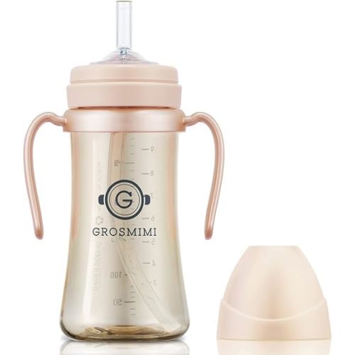 GROSMIMI Spill Proof no Spill Magic Sippy Cup with Straw with Handle for Baby and Toddlers, Customizable, PPSU, BPA Free 10 oz (Peach)