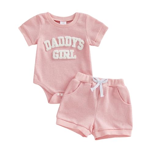allshope Newborn Baby Girl Summer Outfit Set Romper Daddy Girl Embroidery Jumpsuit Tops Shorts Infant Waffle Clothes