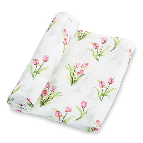 LollyBanks Baby Swaddle Blanket, 100% Muslin Cotton Muslin Blankets for Girls, Large 47 x 47 Inches Soft and Breathable Swaddles for Newborns, Gentle Baby Wrap Swaddle, Registry (Tulip Print)