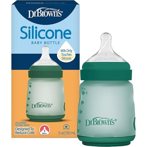 Dr. Brown's Silicone Baby Bottle with Collapsible Insert Designed to Reduce Colic, 5 oz with Wide-Neck Level 1 Slow Flow Nipple, BPA-Free, 0m+, Green, 1-Pack