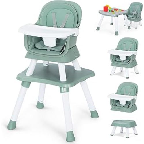 Kinder King 8 in 1 Baby High Chair, Coverts to Dining Booster Seat/Kids Table & Chair Set/Toddler Building Block Table/Kids Stool, Removable Tray & Double Seat Cover, Easy to Wipe, Green & White