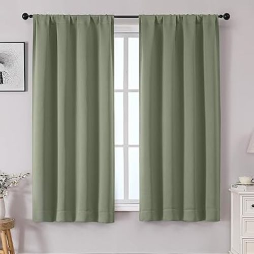 OWENIE Sally Sage Green Blackout Curtains for Bedroom 63 Inch Length 2 Panels Set, Solid Thermal Insulated Room Darkening Rod Pocket Window Treatment Curtains Drapes, W40 x L63 Inch, Sage Green