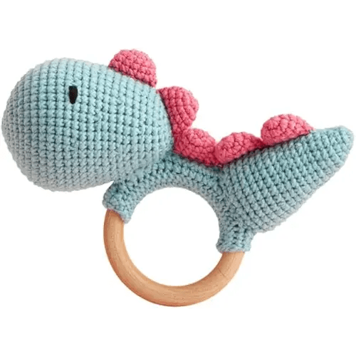 Chippi & Co Wooden Crochet Baby Rattle, Crochet Toys Stuffed Animals Easter Gifts for Kids, Newborn Toys, Easter Basket Stuffers, Basket Filler, Baby Shower Decor (Doodoo The Blue Dinosaur)