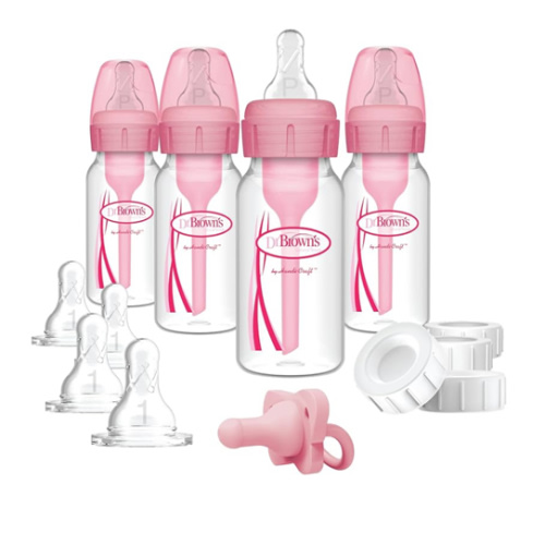 Dr. Brown's Anti-Colic Baby Feeding Set with Slow Flow Nipples, Travel Caps, Silicone Pacifier - Pink