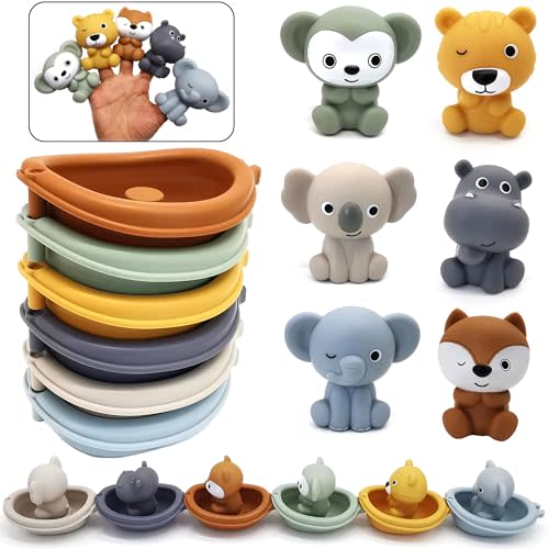 Bath Toys Floating Boats, 12 Pcs Bath Toys for Babies 6-12-18 Months - Soft, Bath Pool Toys for Toddler, Stacking Toys , Silicone Finger Puppets Animal Bathtub Toys for 1-3 Year Old Boy Girl Kids (12)