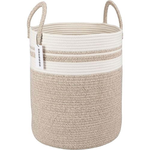 Cotton Rope Laundry Basket Hamper for Clothes Woven Storage Basket for Living Room Bedroom Boho Tall Rope Baskets for Blanket Toys Pillow Towels Baby Nursery Hamper Bin Large brown and white