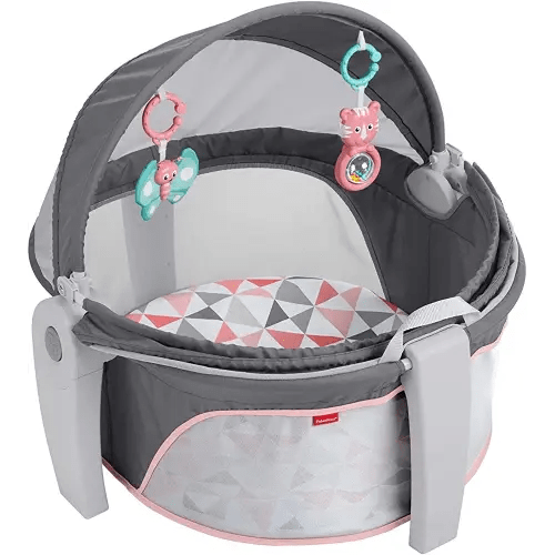 Fisher-Price Portable Bassinet On-The-Go Baby Dome, Travel Play Space with Developmental Newborn Toys & Canopy, Rosy Windmill