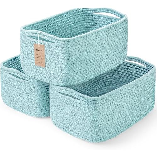 3-Pack Small Storage Baskets for Organizing | Woven Shelf Toy Basket | Rope Baskets for Gifts Empty | Closet Organizer Bins with Handles | Cube Decorative Box | 11.8×7.8×5.1” | Light Blue