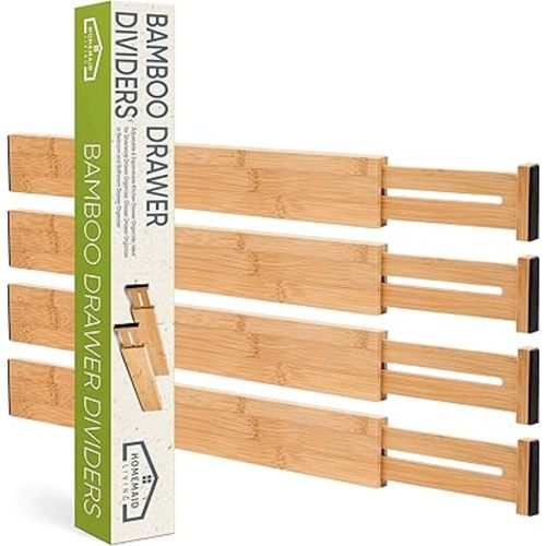Homemaid Living Bamboo Drawer Organizer Adjustable and Expandable - Ideal Drawer Dividers for Kitchen, Dresser, Bedroom and Bathroom - Expandable Drawer Organizer Set of 4 - Water-Resistant Finish