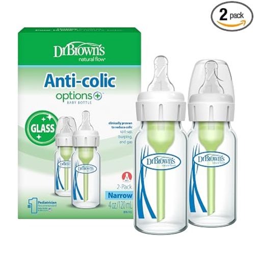 Dr. Brown's Anti-Colic Options+ Narrow Glass Baby Bottle with Level 1 Slow Flow Nipple, BPA-Free, 4 oz/120mL, 0m+, 2-Pack (Packaging May Vary)