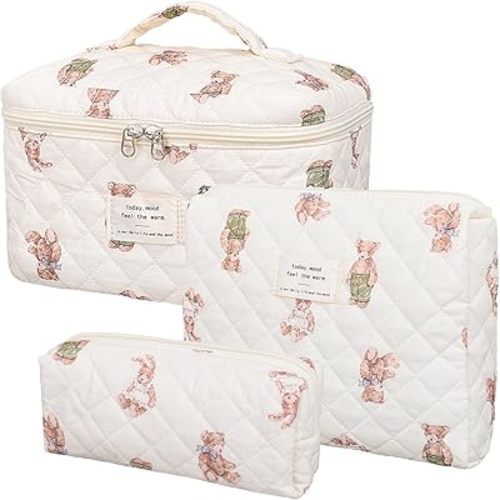 Large Makeup Bag,Quilted Makeup Bag Set,Cotton Coquette Aesthetic Floral Makeup Pouch for Women, Travel Cute Soften Cosmetics Bag Organizers for Girls