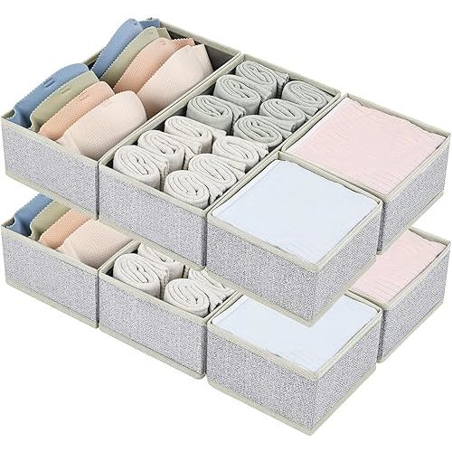 DIMJ 8 PCS Drawer Organizer Sock Organizer Underwear Drawer Organizer Divider Wardrobe Clothes Organizer Collapsible Closet Organizers Storage Box for Sock, Ties, Panties(Ant Grey)