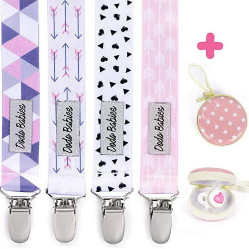 Dodo Babies Newborn Keeper Set - 4 Pacifier Clips + Case, Universal Holder, Teething Toy, Soothie, Baby Shower Gift