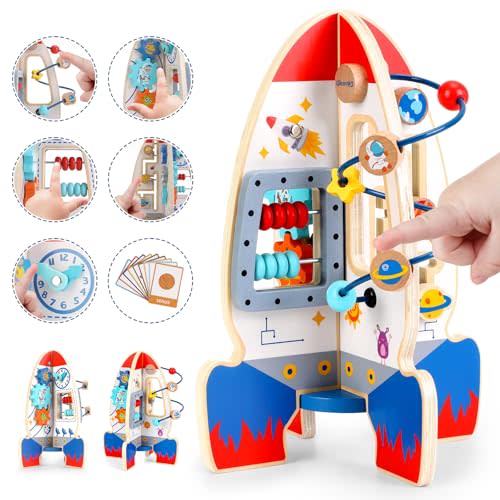 Gleamkid Baby Space Rocket Wooden Activity Cube Montessori Toys, 6-in-1 Sensory and Educational Learning Toys with Bead Maze Abacus, STEM Developmental Birthday Gifts for Toddler Boy Girl Ages 2 3 4
