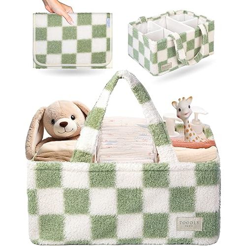 Checkered Diaper Caddy Organizer with Portable Changing Mat - Teddy Fleece Diaper Organizer for Changing Table - Caddy Organizer with Removable Dividers - Green and White