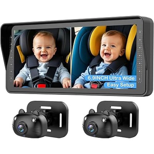 Dual Baby Car Camera for 2 Kids - 6.9” HD Display with Ambient Lighting, Rotatable Night Vision Cameras, Easy Setup, Ideal for Parents, Grandparents, Nannies, Safe & Clear Viewing